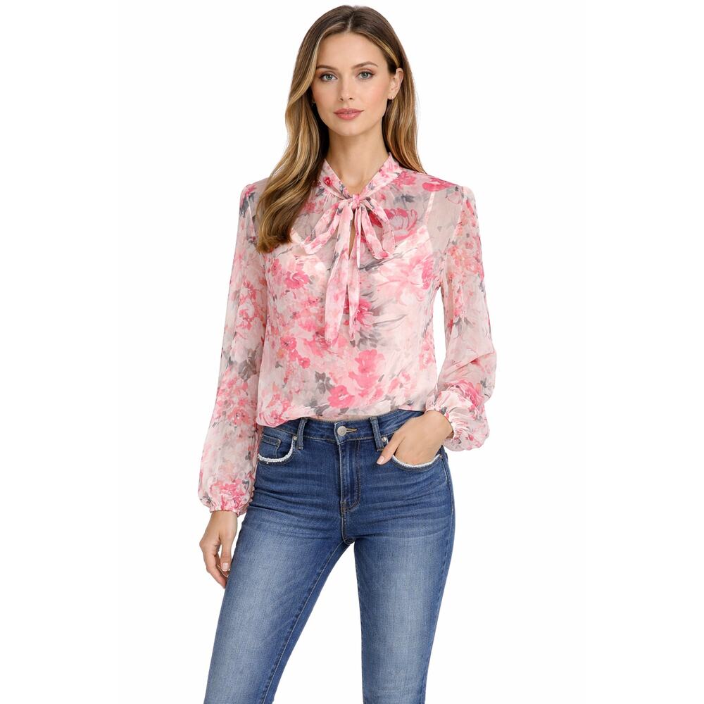White House Black Market Pink Floral Sheer Blouse EUC Size 2